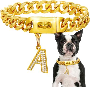 Срібний собачий нашийник 15 мм з кулоном, ланцюжок для прогулянок з нержавіючої сталі з кубинськими зв'язками, міцний, не кусається, для собак малих та середніх порід (55 см, золото-19 мм)