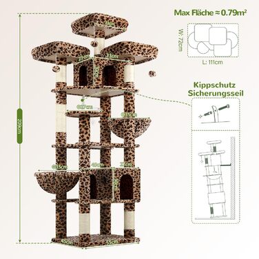 Драбина для котів Globlazer XXL, 209 см: 3 стійкі лежанки, 2 будиночки, 2 кошики, велика платформа, іграшки, стабільна для 3-5 котів. Leoparden