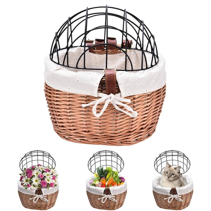 Плетенний велосипедний кошик для котів з дрітчатою кришкою, передній кошик для тварин, знімний переносник для собак, цуценят та котів