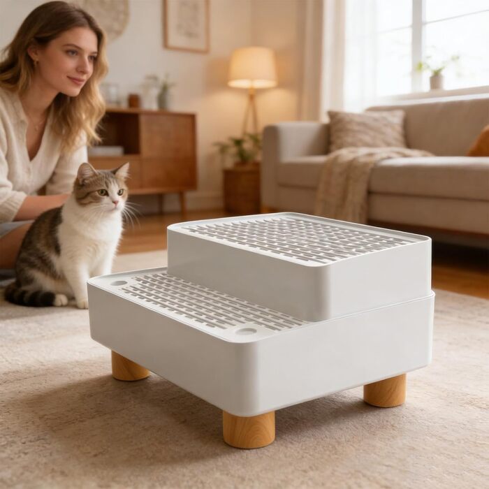 Сходи для котів Katzenklo Treppe Doppelstufig з фільтром для лотка: Рампа для кошенят та літніх котів, нековзка, легко миється