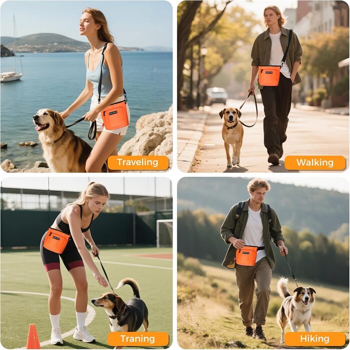 Сумка для ласощів для собак великого об'єму, багатофункціональна, на плечі, з міцним магнітним закриттям, регульований знімний ремінь, сумка для корму для собак (Помаранчевий)