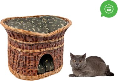 Корзина для котів, лежанка для котів - будиночок для котів, розмір 70 см, овал, кошик з лози, двоярусна лежанка для собак або котів з пральними подушками сірого кольору, лакована корзина (XL, темно-коричневі подушки)