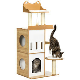 PawHut Cat Tree, 133 см, кігтеточка для кішок Cat Tree з 2 котячими печерами, зі стеблами для подряпин, подушками, м'яч, меблі для кішок, кімнатна, дуб+біла | Аосом