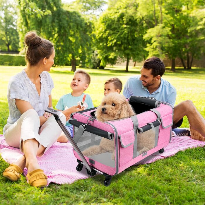 Транспортна сумка для котів PETCUTE з колесами, дихаюча переноска для 2 котів, складана переноска для собак з телескопічною ручкою, знімний килимок, ідеальна для подорожей (Рожева)