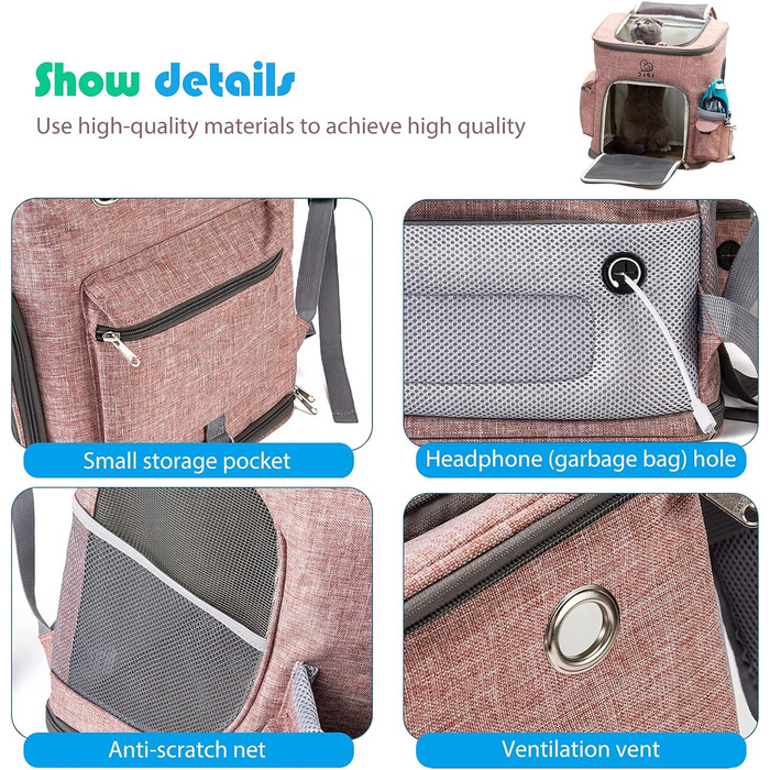 Рюкзак для собак та котів PETCUTE, складаний, з знімним килимком, дихаючий, з регульованими ременями, для подорожей (рожевий)