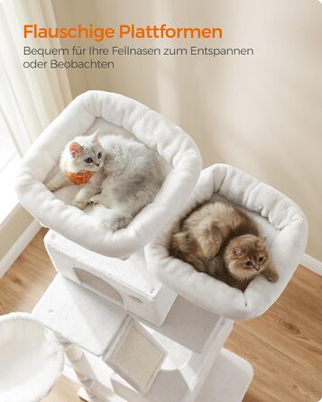 Котячий комплекс Feandrea 206 см, 13 стовпчиків, 2 платформи, 2 будиночки, кошик, гамак, канат, плюш, багаторівневий для домашніх котів, кремовий PCT190T01