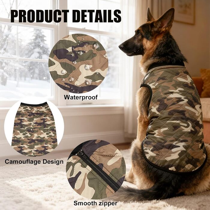 Водонепроникний теплий зимовий камуфляжний теплий куртка для собак з блискавкою. Зелений зимовий теплий камуфляжний теплий куртка для середніх собак.