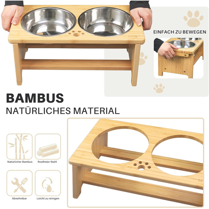 Підвищені годівниці для собак HTB, бамбук, 2 нержавіючі миски, 44x24x18 см, 18 см висота, для собак середніх та великих порід