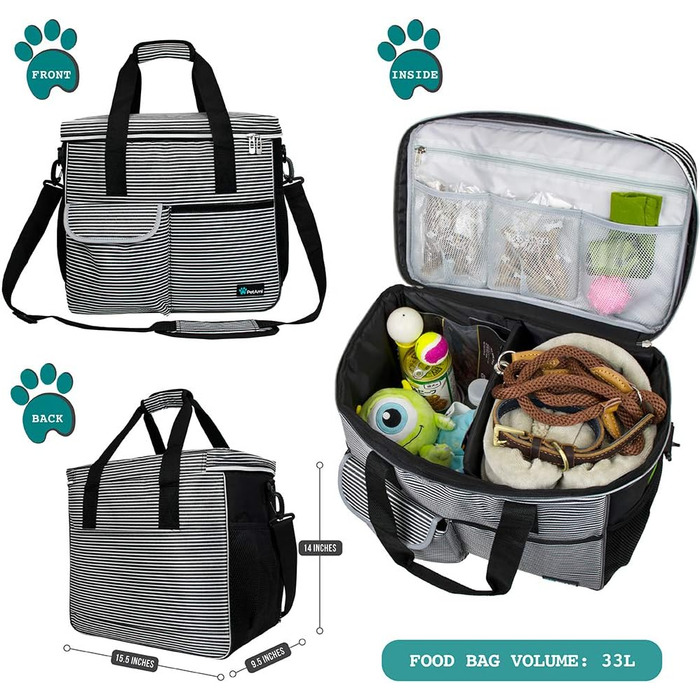 PetAmi переносна сумка для собак, відповідна вимогам авіакомпаній, органайзер з багатофункціональними кишенями, контейнер для їжі та складний миска, чорний, велика (L 37 x B 20 x H 30 cm), смужка, чорний