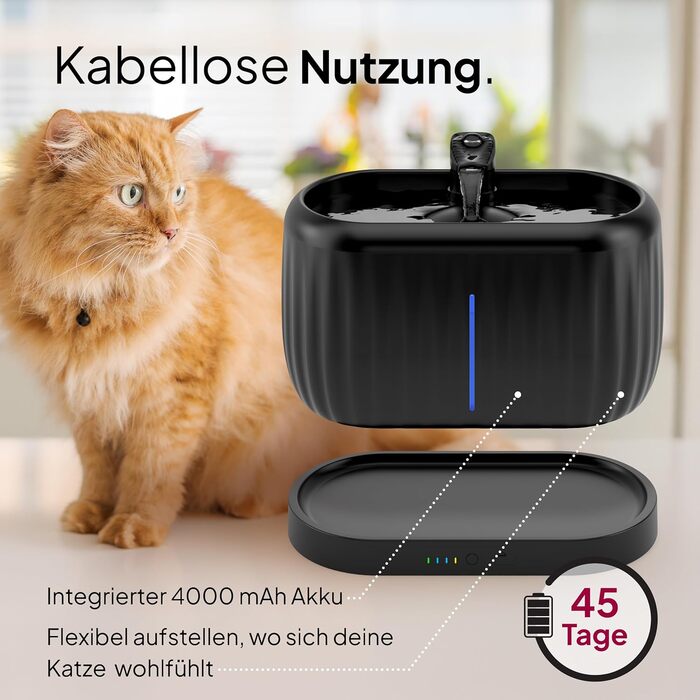 Турбофонтанчик для котів Pretty Paw з датчиком руху, бездротовий, 45 днів роботи від акумулятора, фільтр, 4 л, BPA Free, чорний