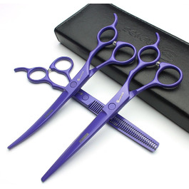 Набір професійних ножиць для грумінгу тварин 7 дюймів (3 шт.) з японської сталі 440C, вигнуті та розріджуючі (фіолетовий)