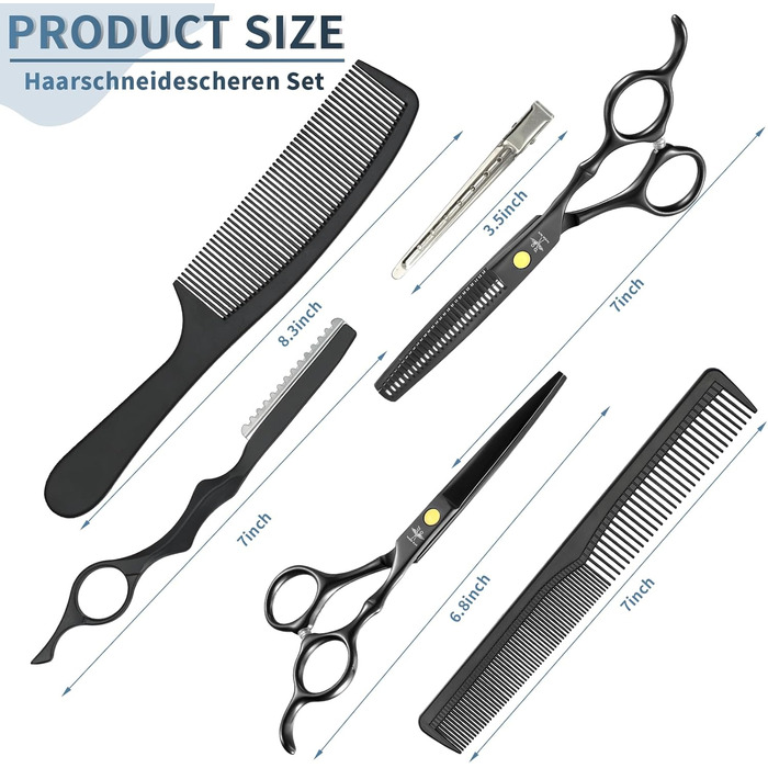 Набір професійних перукарських ножиць PURPLEBIRD: 10 шт. (чорний). Ножиці для стрижки та фінальної обробки волосся з нержавіючої сталі. Ідеально для перукарів, барберів та початківців.