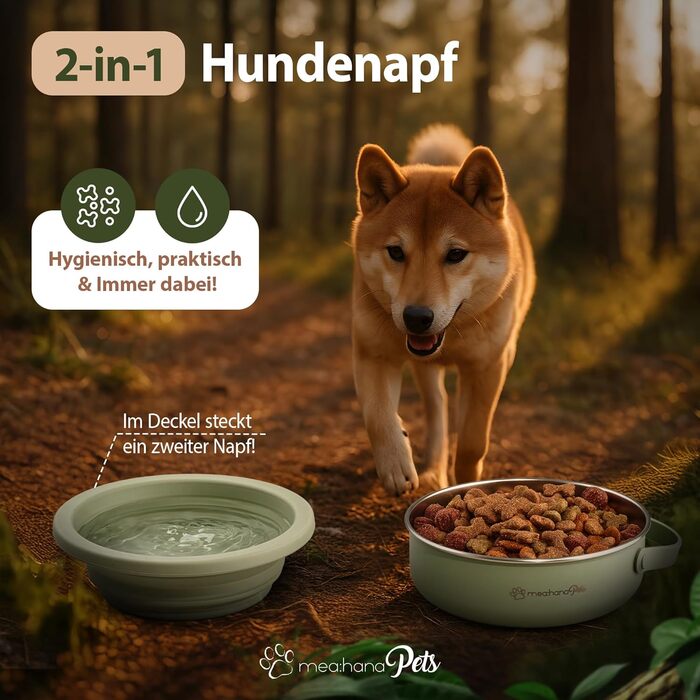 Hana Pets: Миска для годування тварин у дорогу 900 мл з кришкою - ідеальна для подорожей, на вулицю. Нержавіюча сталь, складаний силіконовий кришкою, аксесуар для собак - міцна, компактна, гігієнічна