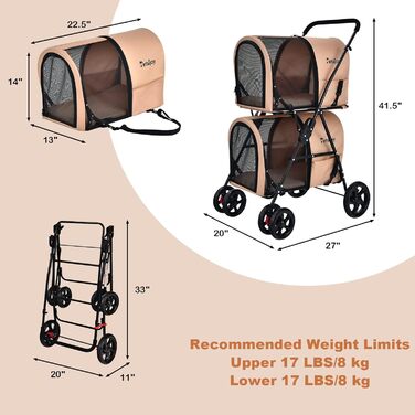 Візок для тварин GOPLUS 2-рівневий складний, 3-в-1, для котів та собак (Бежевий)