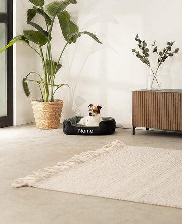 Килимок для собак Lionto з двостороннім подушками та неслизьким дном, міцний лежак для домашніх тварин з глибоким входом для собак та котів будь-якого віку, 50x37 см, м'який лежак для собак, (Д 60 x Ш 48 x В 18 см (з нанесенням імені), чорний/сірий)