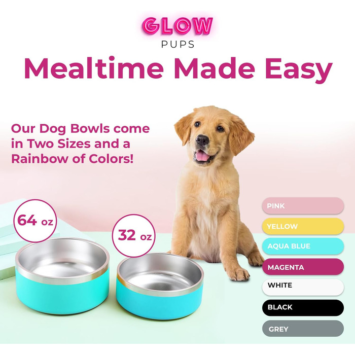 Миска для собак Glow Pups, нержавіюча сталь, вакуумна, 1,8 л, рожева, для середніх і великих порід, подвійні стінки, не ковзає, зберігає воду холодною