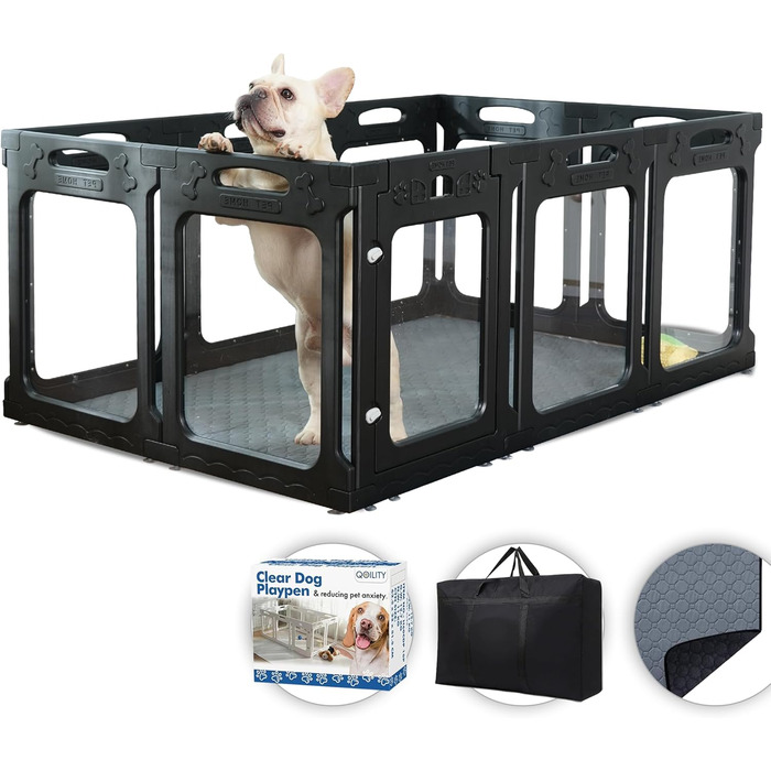Клітка для собак Qoility, прозора, з дверцятами, 61 см, 12 панелей, чорна