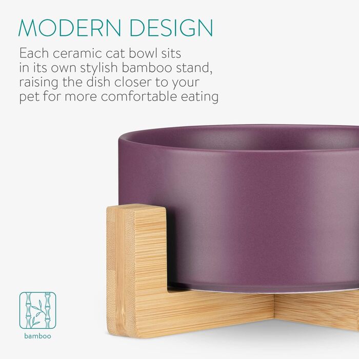 Набір мисок для котів та собак Navaris з бамбуковою підставкою (2 шт.) - миски з кераміки, фіолетовий