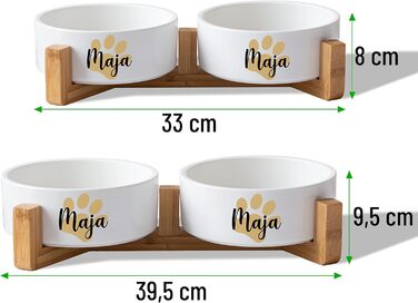 Керамічний подвійний набір мисок з іменем для собак та котів 'Велика лапа' - персоналізований набір мисок з/без підставки | Миска для собак, годівниця, миска для котів | Годівниця (2x 500 мл, підставка)