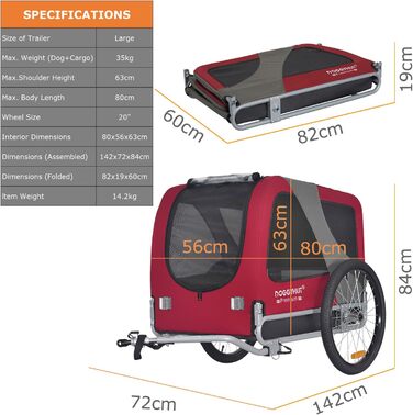 DOGGYHUT® Преміум великий велосипедний причіп для собак об'ємом 270 літрів, підходить для середніх та великих собак (ЧЕРВОНИЙ)