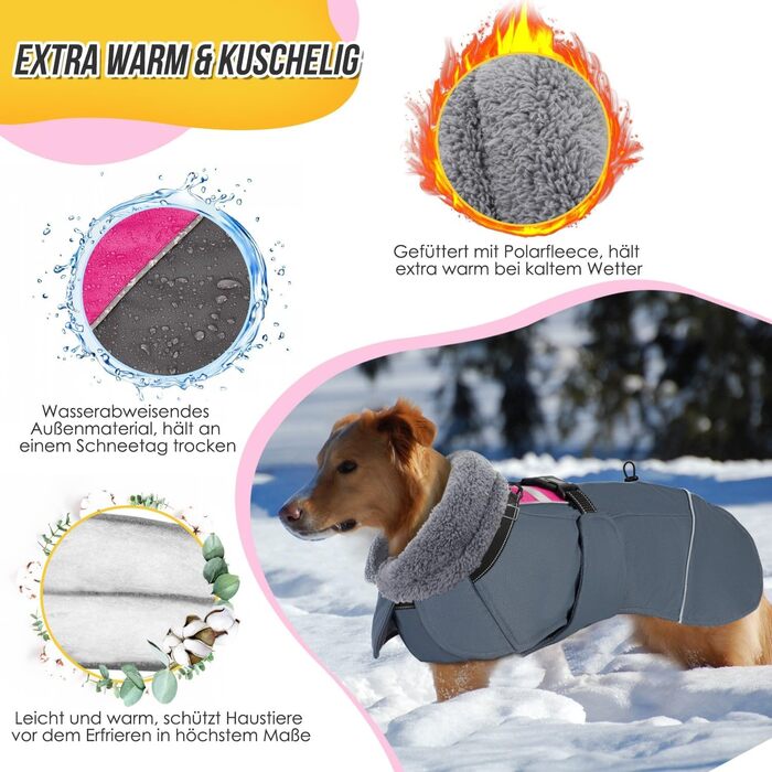 Зимовий собачий одяг SlowTon: водонепроникний, з флісовою підкладкою, з капюшоном-воротником та шнурком, для собак маленьких, середніх та великих порід, Fuchsie, XL