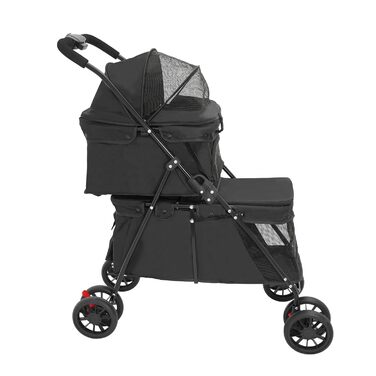 Складаний візок для собак та котів, 2-поверховий, з сумкою та ременями безпеки (Чорний)