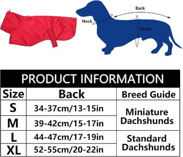 Водонепроникна зимова куртка для собак MOREZI для такс та схожих порід, з флісовою підкладкою, регульованим поясом та світловідбиваючими елементами, червона, розмір S (довжина спини 34-37 см)