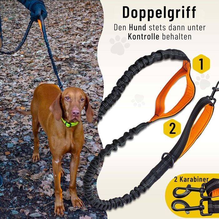 Еластичний повідок для бігу з великим собакою Hundefreund, для собак від 15 кг, зручний пояс, знімний повідок з двома м'якими ручками, оранжевий, довжина 120-170 см