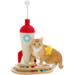 Інтерактивна іграшка для котів PETEPELA з подряпальним стовпчиком у формі ракети, кулькова траса, пір'їнка, з масиву дерева, багатофункціональна