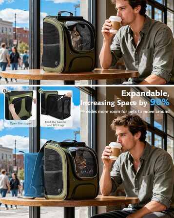 Пек'ют Рюкзак для кота Bubble з сітчастим вікном, переноска для тварин, розширювана, темно-зелений (L 32 x B 26 x H 42 см)