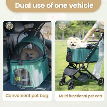 Дитячий та собачий візок 2-в-1 знімний кошик, складний, 4 колеса, мінімалістичний, з сумкою для зберігання, для собак середніх та маленьких порід (Темно-зелений)