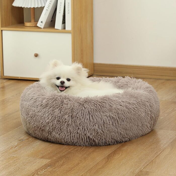 Кругле м'яке ліжко для собак та котів з ковдрою, середнього розміру, коричневе, 61 см, ковдра 71x23 см