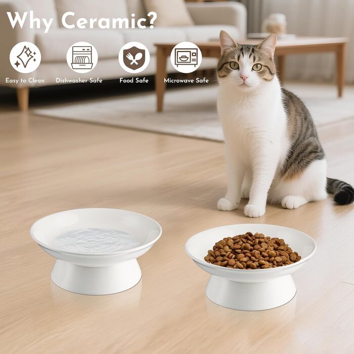 Миски для котів з кераміки, 2 шт., 15,3 см, підняті миски для корму, миски для кошенят та дорослих котів, анти-блювотні миски (білі)