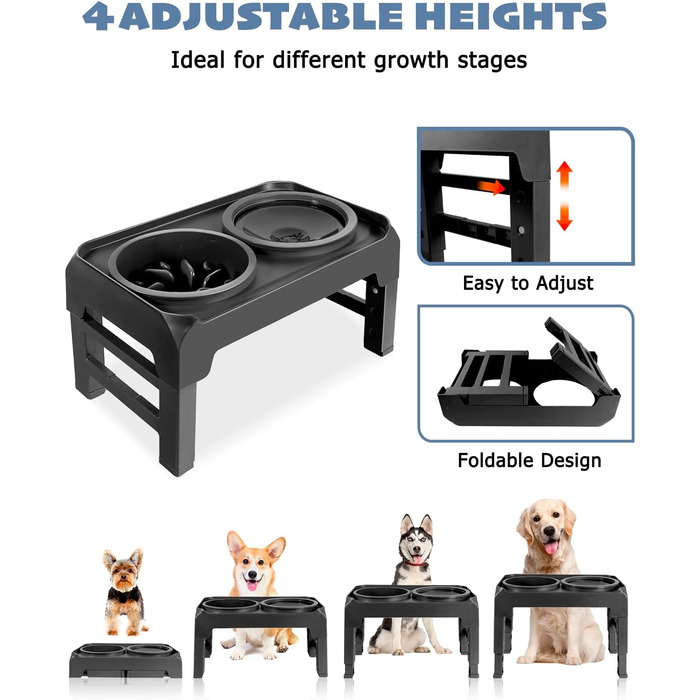 Підвищений годівниця для собак, регульована висота, повільний годівник та миска для води без обливання, набір, миска для корму для собак, миска для води для великих, середніх та маленьких собак, котів та домашніх тварин, чорний