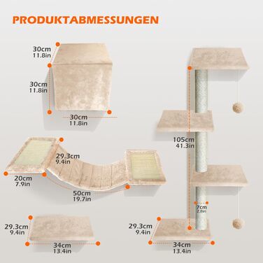 Кігтеточка-стіна для котів Eukue, комплект 10 елементів, великі настінні елементи з котячим будиночком, мостом та сизалевими стовпчиками, до 10 кг, бежевий колір