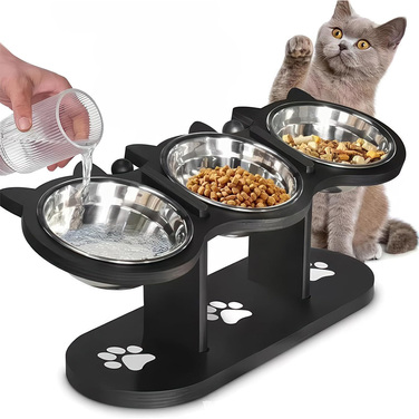 Дерев'яна стійка для годування тварин з 3 сталевими мисками