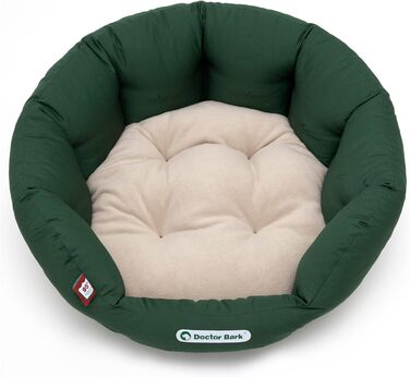 Ліжко для собак Doctor Bark - кругле, м'яке, середнього розміру, з ортопедичною подушкою та іграшкою-кісткою. Можна прати до 95°C. Виготовлено в Німеччині (M - 50x40 см, Зелений/Бежевий)
