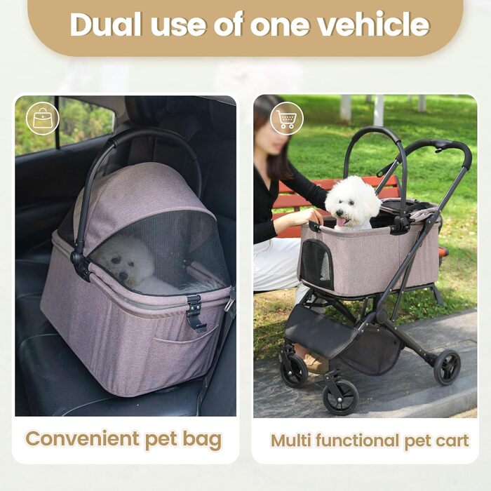 Дитяча коляска для собак 2-в-1 з знімним кошиком, складна коляска для цуценят з 4 колесами, мінімалістична коляска для домашніх тварин з кишенькою для зберігання, для собак середніх та маленьких порід (колір кава)