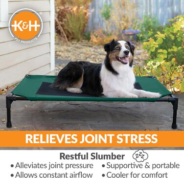 Підвищене собаче ліжко K&H Pet Products для вулиці, дихаюче, охолоджуюче, гамак для великих собак XL, знімний мережевий чохол, міцний металевий каркас, складане, портативне (107 x 76 x 18 см, зелено-чорна сітка)