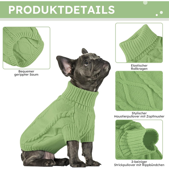 Теплий в'язаний пуловер для собак - тепла сорочка для джек-рассел, французький бульдог, чихуахуа, коргі, зелений, розмір S