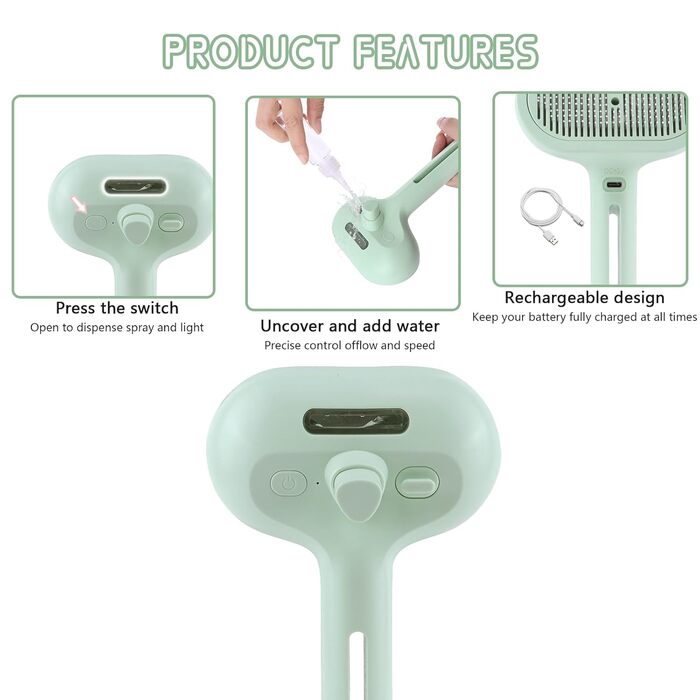 Парова щітка 3-в-1 для котів та собак - видалення шерсті, водяний спрей, для довгої та короткої шерсті (зелена)