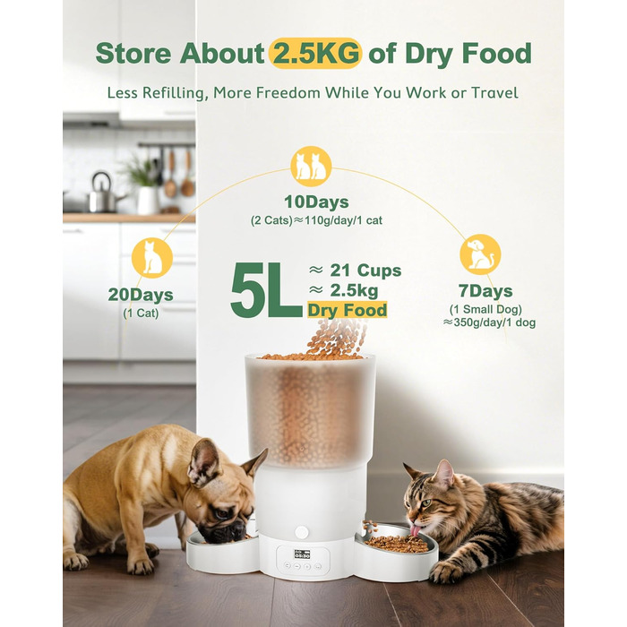 Автоматичний годівниця для котів та собак Gimars 5L з LCD-дисплеєм, 2 миски, програмування, 1-6 прийомів їжі, голосовий запис, білий колір