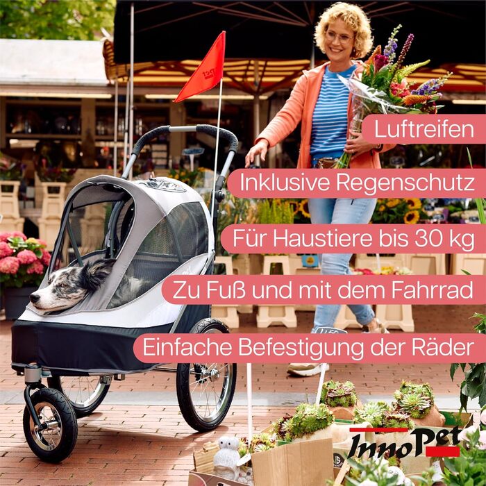 Innopet Sporty: Причіп для собак Innopet Sporty Deluxe (30 кг) - 2-в-1: бугель та причіп для велосипеда, з дощем. Чорний/Срібний