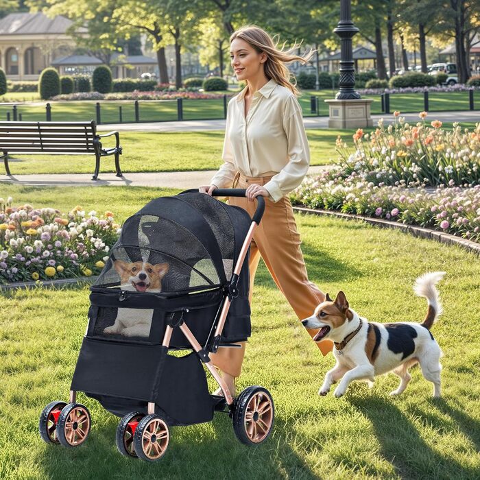 Візок для собак DWVO 3-в-1: візок, переноска, сумка. До 22 кг, EVA-колеса, сітчасті вікна, чорний (58,5x76x105 см)