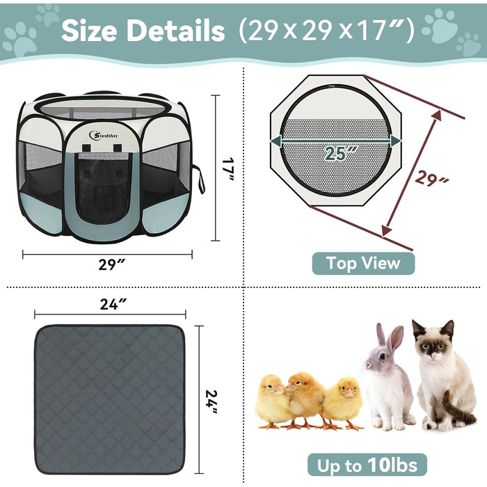 Клітка-вольєр для собак Siedihit, Pop-Up, сіра, 73,7x73,7x43,2 см, з 2 підкладками, для цуценят, котів та дрібних тварин