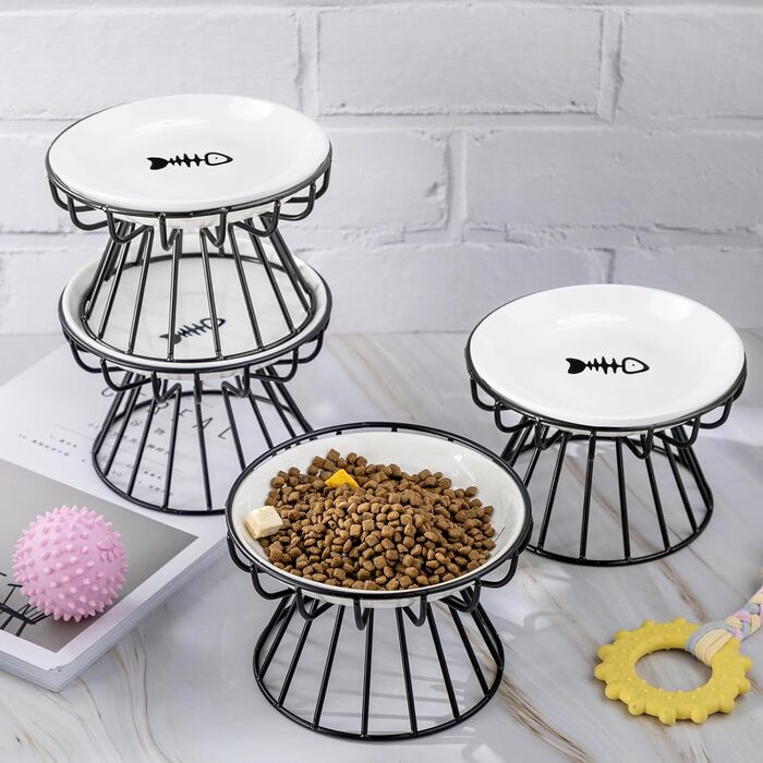 Набір мисок для котів Roshtia з кераміки на металевому підставці, 4 шт. (Чорний, візерунок 