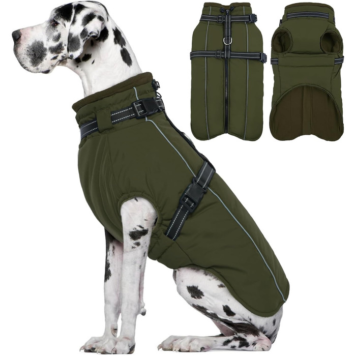 Зимовий теплий одяг для собак Lelepet: куртка з інтегрованим шлейкою, вітронепроникний флісовий одяг, світловідбиваюча жилетка для собак, XL (армійний зелений)