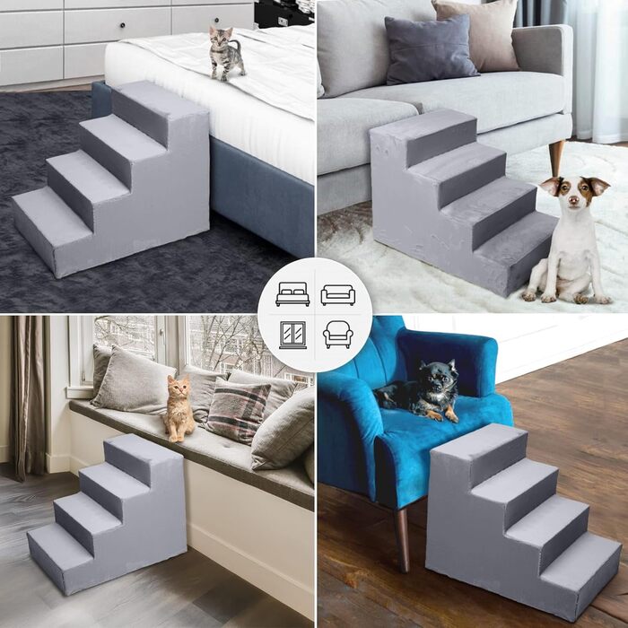 Сходинка для собак Mg Design з 4 ступенями сірого кольору – стабільна дерев'яна рамка, захищає суглоби, легка та мобільна, для диванів та ліжок, для собак та котів. Розміри: 57 x 40.5 x 45 см