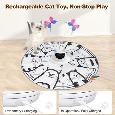 Інтерактивна іграшка для котів Spessn 2-в-1 з електричною пір'ям, 3 режими, USB-зарядка (білий котячий візерунок)
