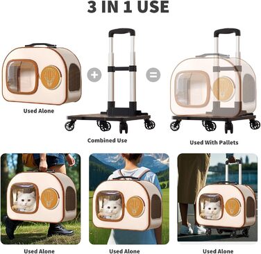 PETCUTE Рюкзак-переноска для собак та котів з колесами, складаний, з внутрішнім страхувальним ремінцем, дихаючий, для маленьких собак та середніх котів, бежевий
